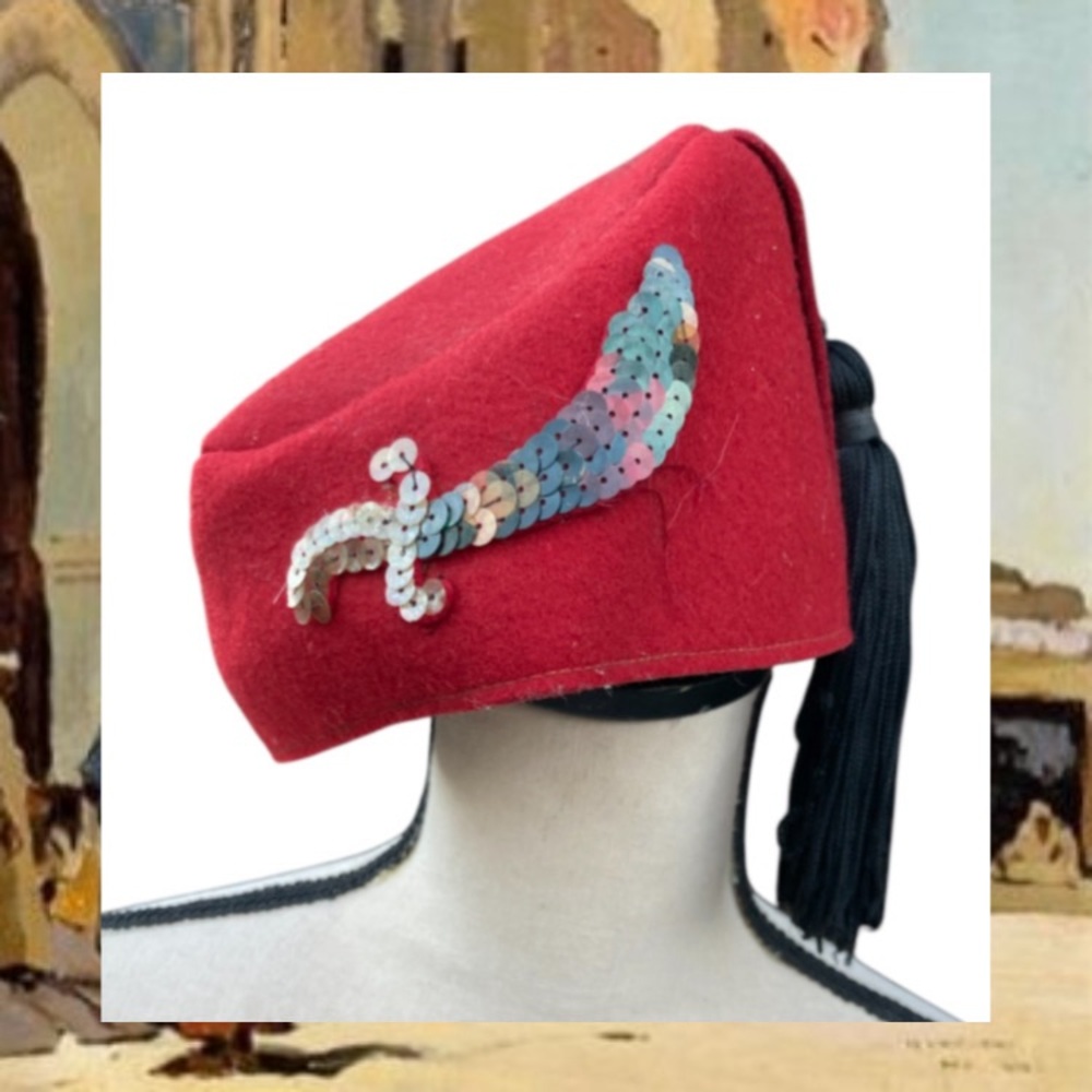 Vintage 60s Fezette Co Felt Fez Hat Tassel Sequin Sword Saif Side Shriners Red